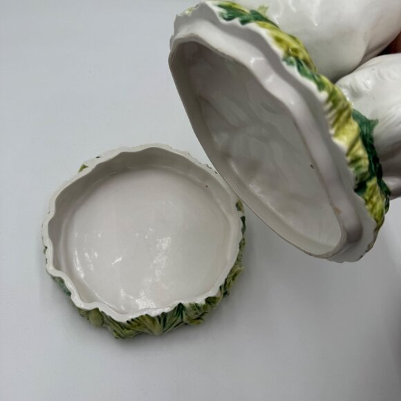 Pair of Bunny on top an  ITALIAN CACHEPOT Easter spring large read white green - Picture 9 of 16